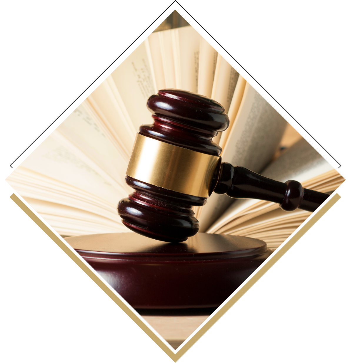 Gavel resting on open book, diagonal view.
