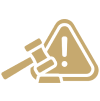 Gavel and warning sign on black background.