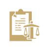 Legal clipboard and scales icon on black.